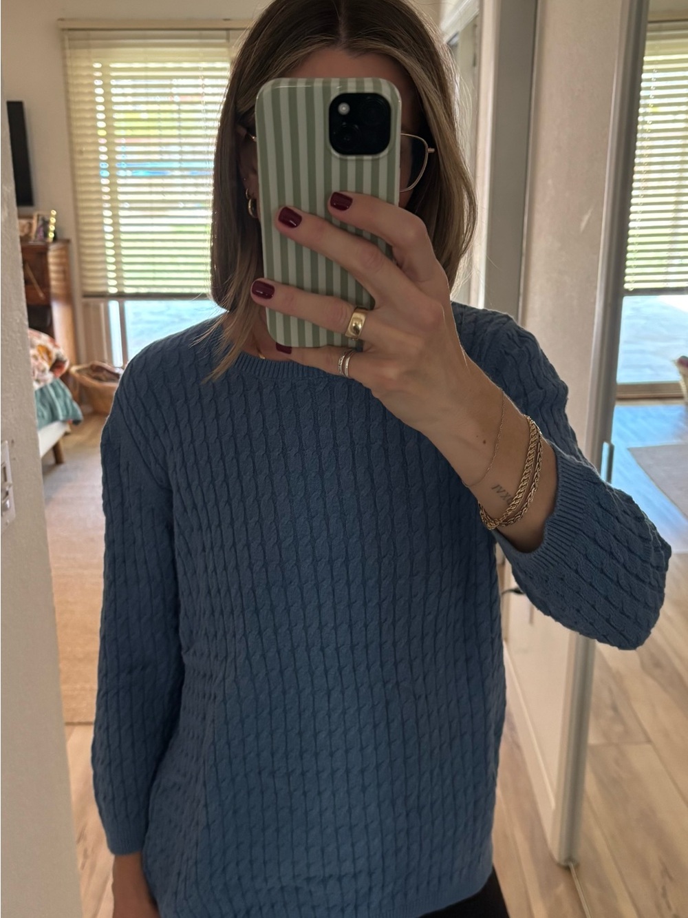 Lands' End Dusty Blue Cable-Knit Crewneck Sweater